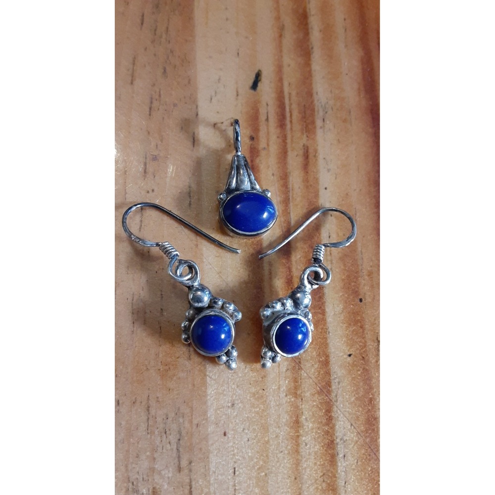 Vintage 925 Sterling Silver Lapis Lazuli Pendant and Earrings Jewelry Set Blue - Picture 4 of 10